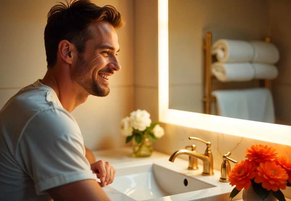 bathroom vanity with mirror and lights